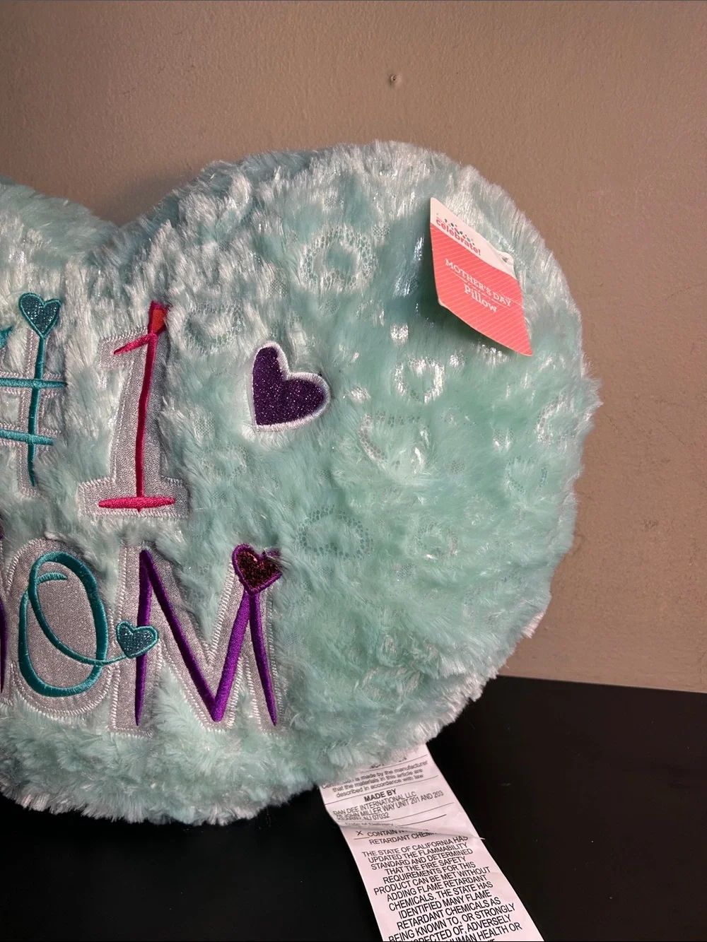 #1 Mom Plush Heart Pillow - Aqua with Purple & Pink Accents New with Tags.
